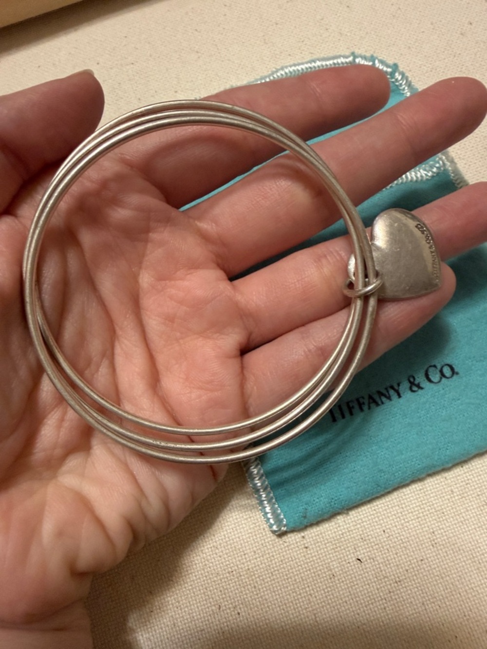 Tiffany & Co. Sterling Silver 925 Three Bangle Bracelet W/Heart Charm W/Pouch - Picture 14 of 16